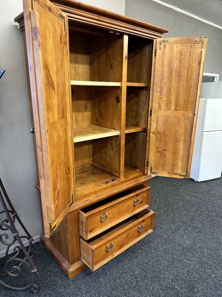 Pine Storage Cabinet 2 Pce Metal Handles H204cm, W112cm, D62cm. Image 1++