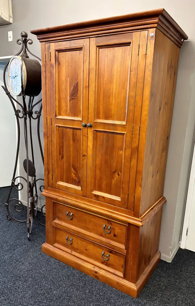 Pine Storage Cabinet 2 Pce Metal Handles H204cm, W112cm, D62cm. Image 1++