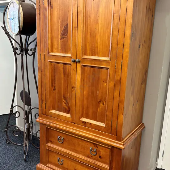 Pine Storage Cabinet 2 Pce Metal Handles H204cm, W112cm, D62cm.