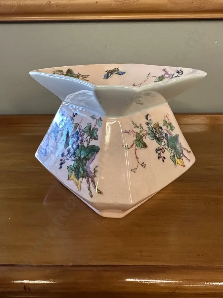 Limoges Porcelain Vase H14cm, W18cm. White With Pink Background & Floral Detail  Image 1++