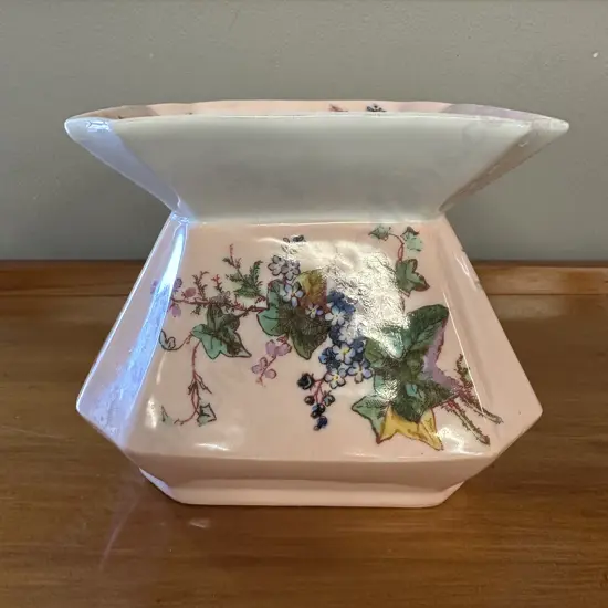 Limoges Porcelain Vase H14cm, W18cm. White With Pink Background & Floral Detail 