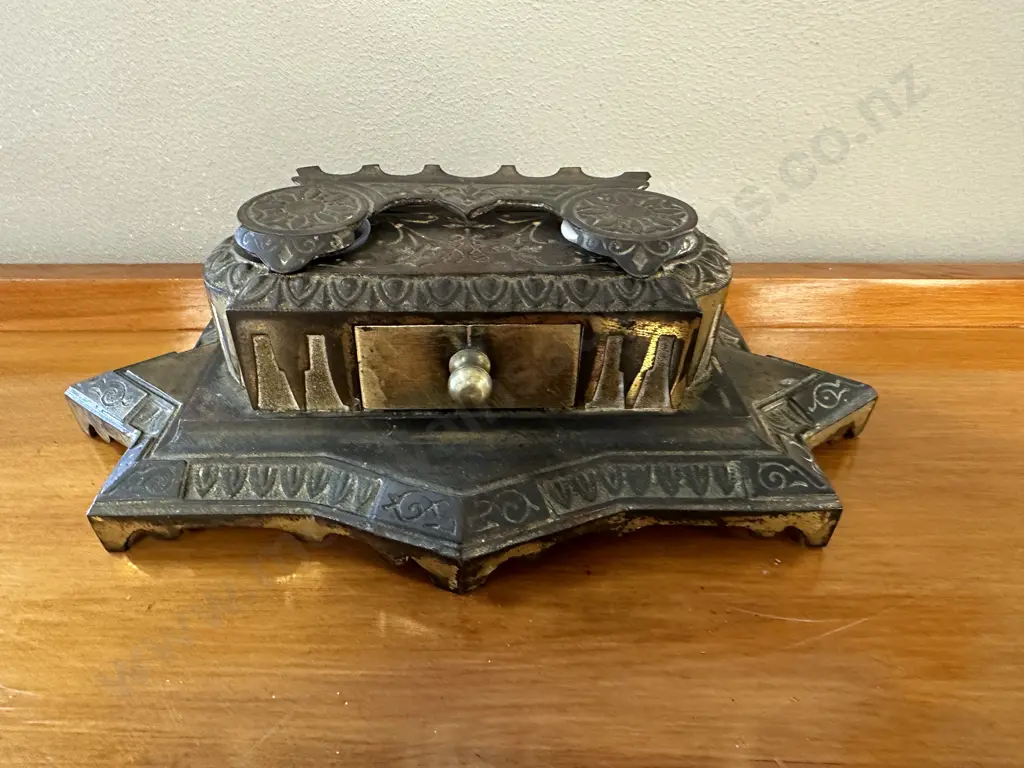 Antique Brass Double Ink Well Stand / Desk Set Patent Jan' 14 1879 Image 1++