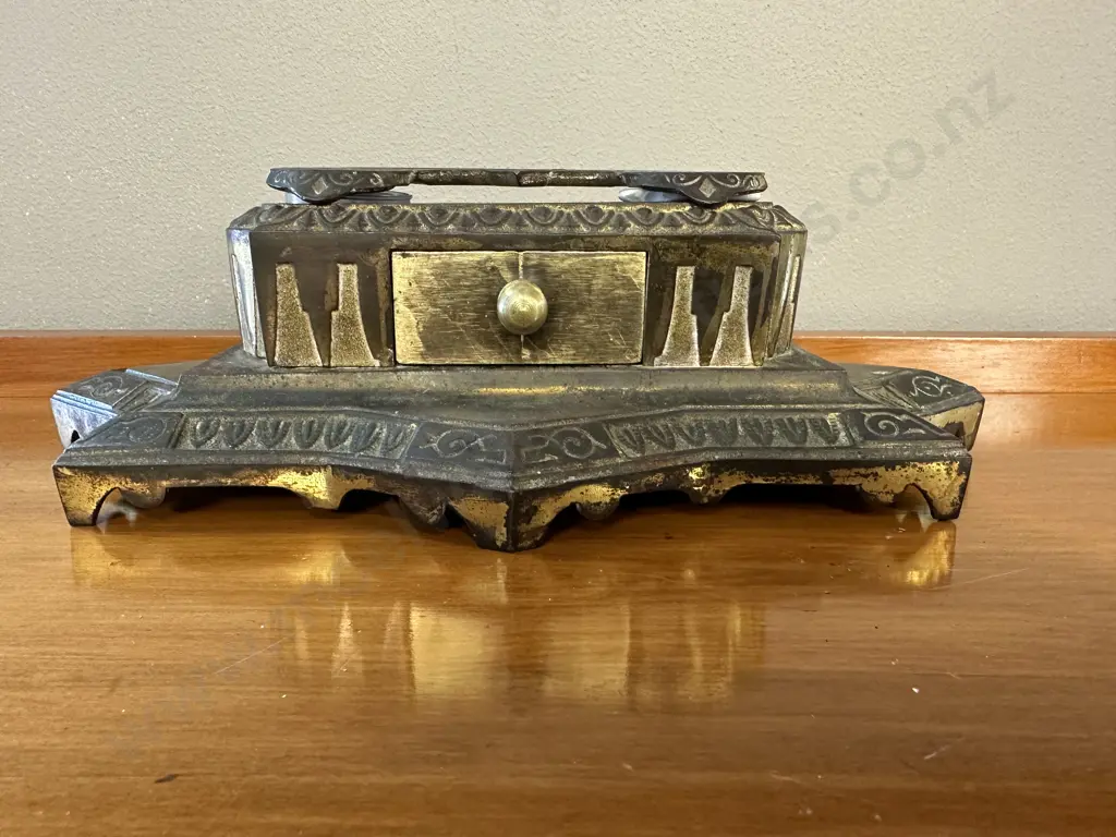 Antique Brass Double Ink Well Stand / Desk Set Patent Jan' 14 1879 Image 1++
