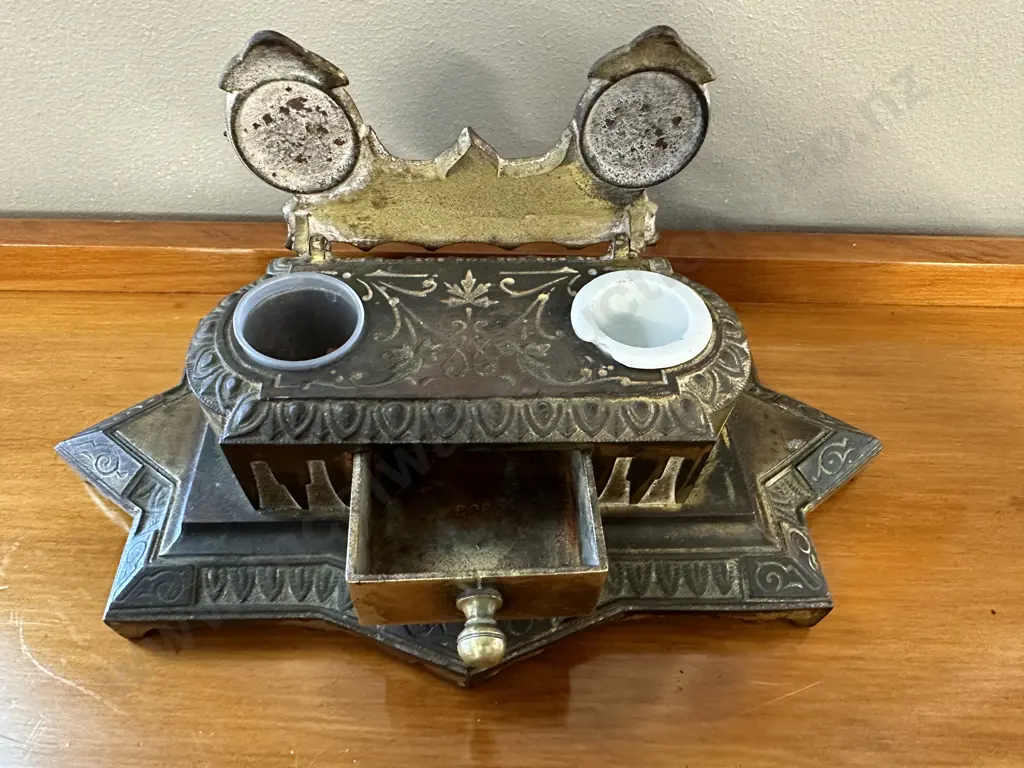 Antique Brass Double Ink Well Stand / Desk Set Patent Jan' 14 1879 Image 1++