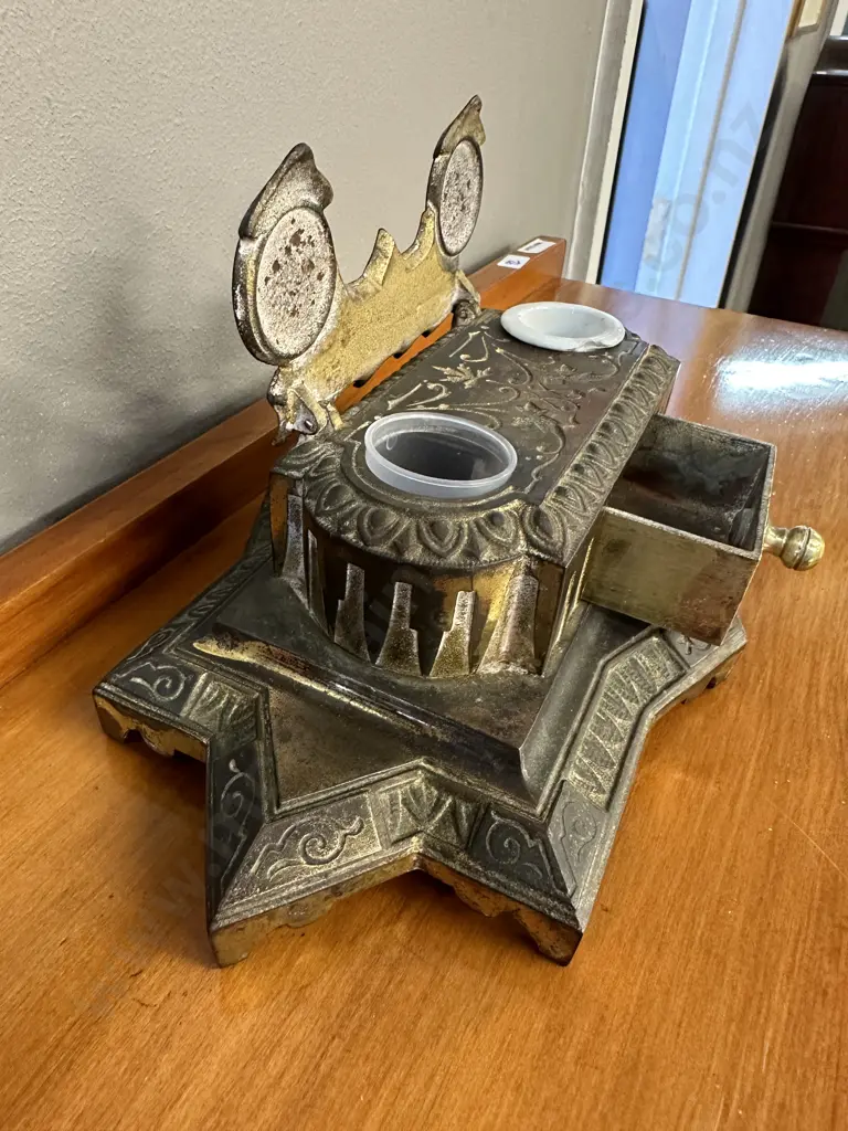 Antique Brass Double Ink Well Stand / Desk Set Patent Jan' 14 1879 Image 1++