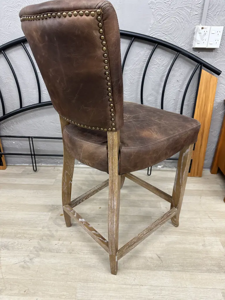 Brown Leather Barstool, Steel Domed, White Washed Frame, 104 x 50cm Image 1++
