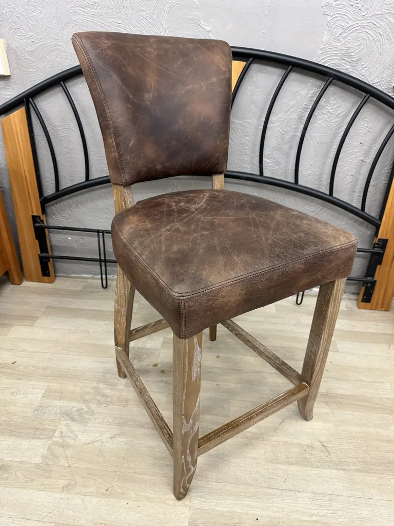Brown Leather Barstool, Steel Domed, White Washed Frame, 104 x 50cm Image 1++