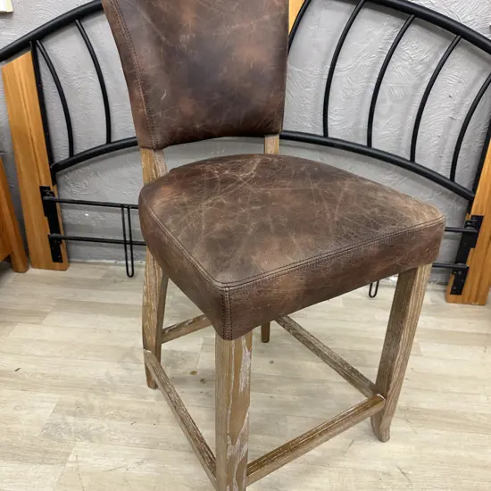 Brown Leather Barstool, Steel Domed, White Washed Frame, 104 x 50cm