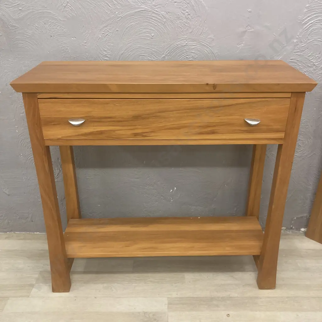 Solid Rimu Single Drawer Hall Table, Curved Legs, Shelf At Base Image 1++