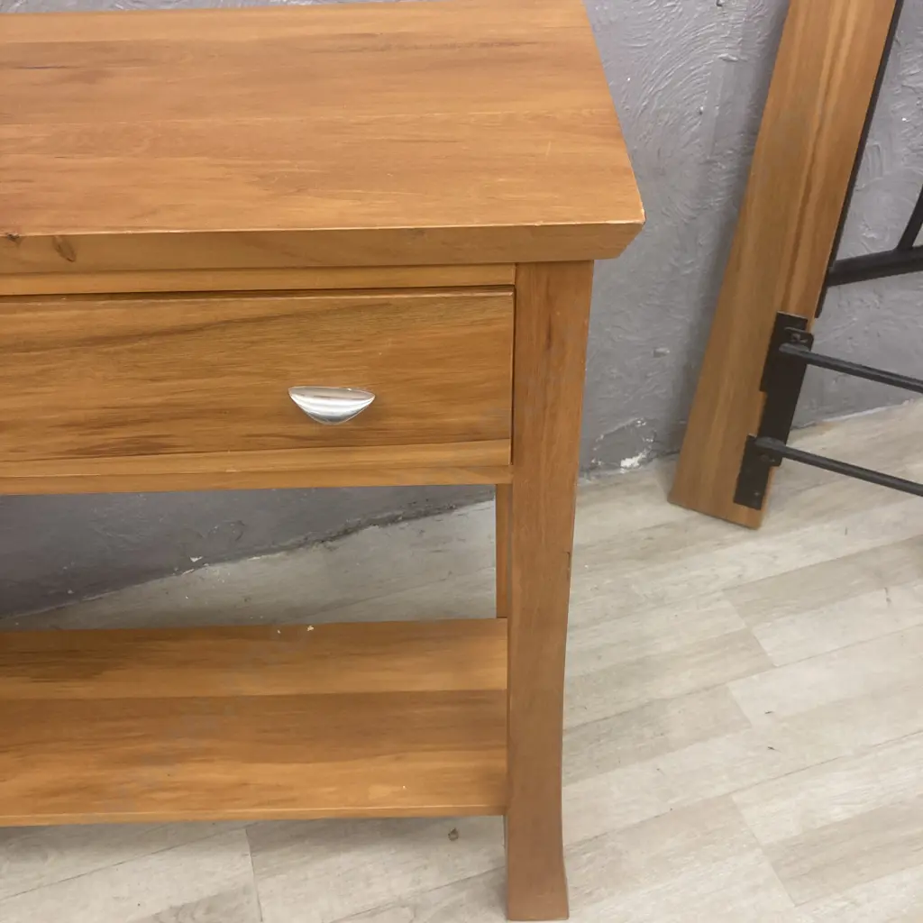 Solid Rimu Single Drawer Hall Table, Curved Legs, Shelf At Base Image 1++