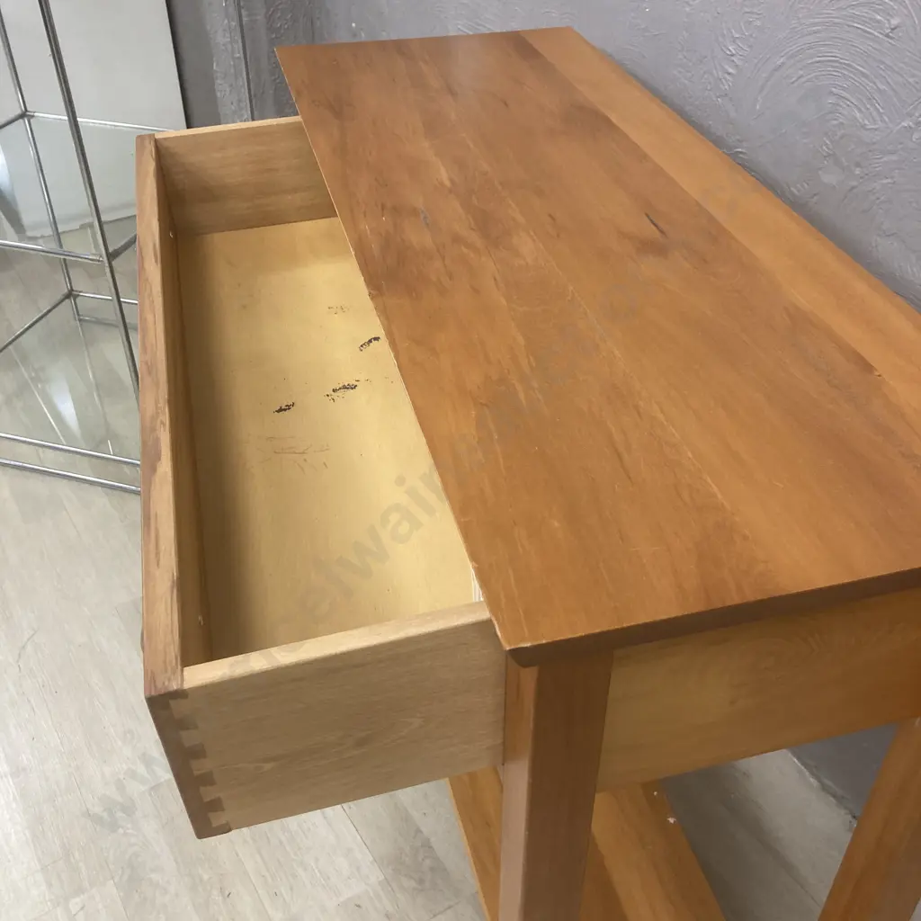Solid Rimu Single Drawer Hall Table, Curved Legs, Shelf At Base Image 1++