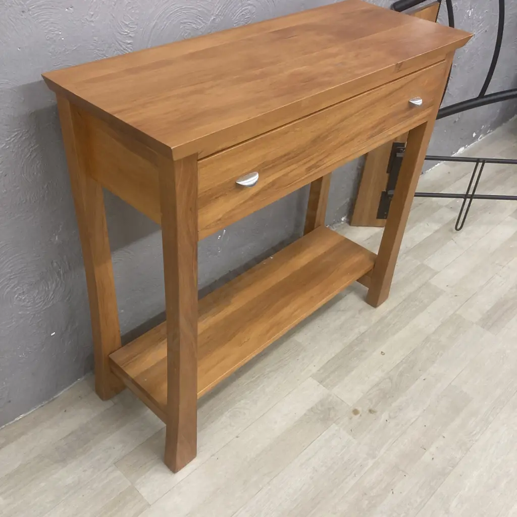 Solid Rimu Single Drawer Hall Table, Curved Legs, Shelf At Base Image 1++