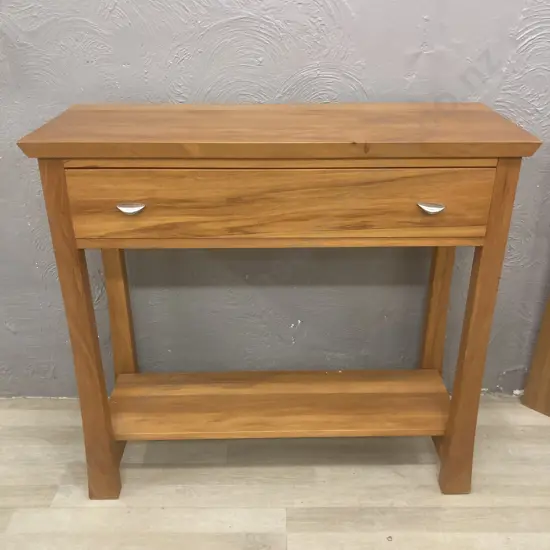 Solid Rimu Single Drawer Hall Table, Curved Legs, Shelf At Base