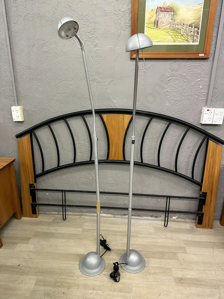 Pair of Grey Steel Halogen Floor Lamps, Flex Neck Image 1++
