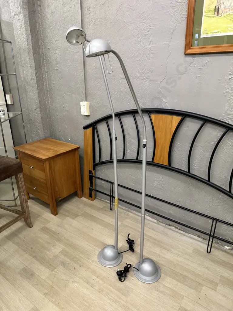 Pair of Grey Steel Halogen Floor Lamps, Flex Neck Image 1++