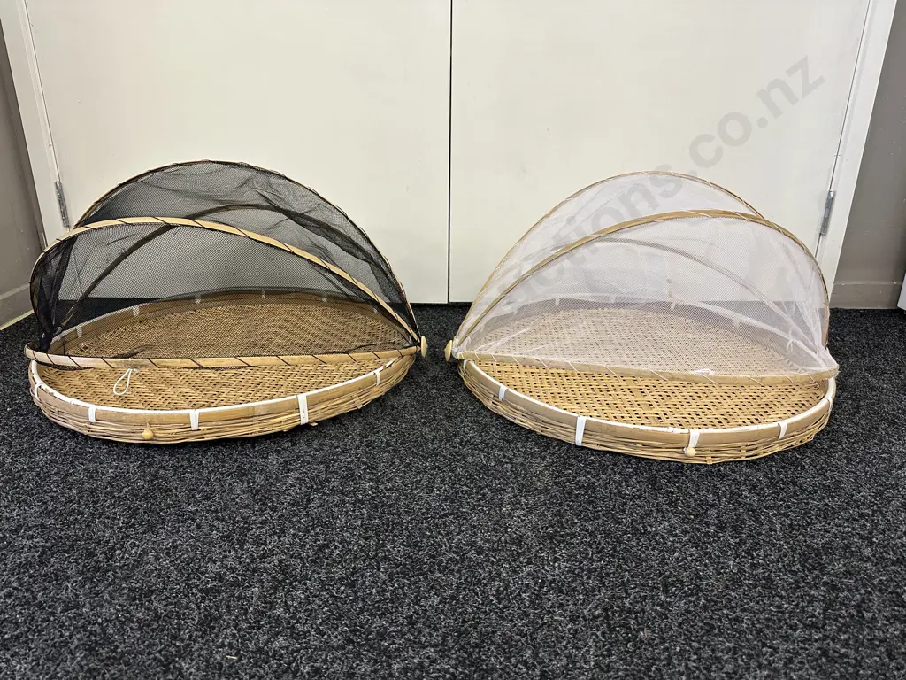 Pair of Round Cane Serving Trays With Mesh Covers, Black / White Image 1++
