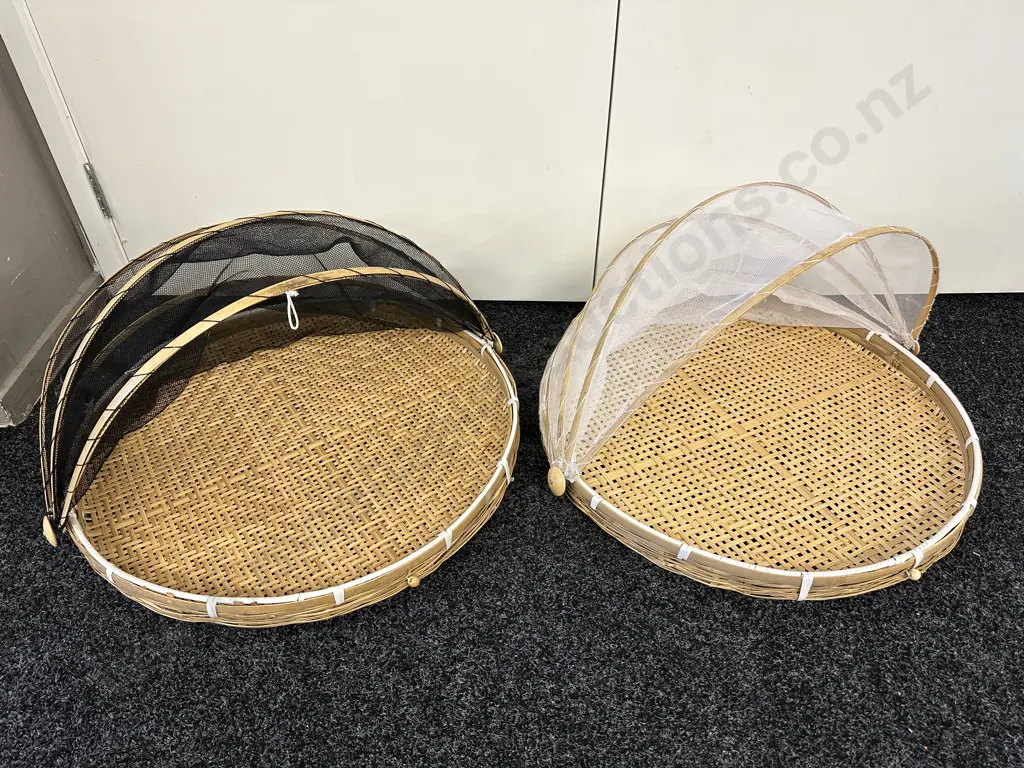 Pair of Round Cane Serving Trays With Mesh Covers, Black / White Image 1++
