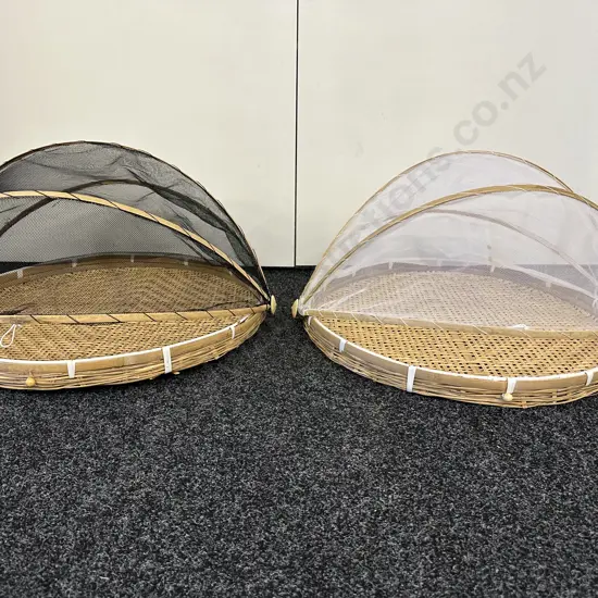 Pair of Round Cane Serving Trays With Mesh Covers, Black / White