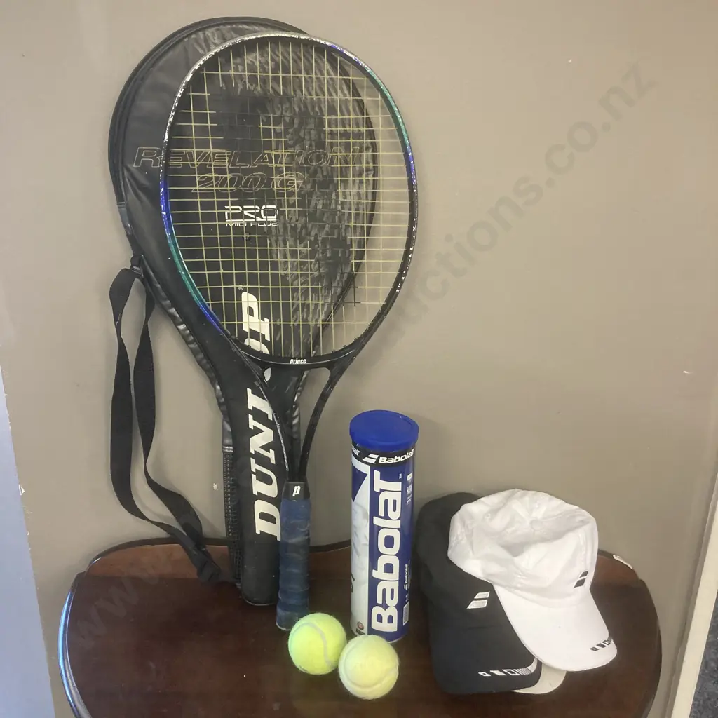 Babolat Tennis Balls, Logo Tennis Caps, Prince PowerPro Racquet, Dunlop Cover Etc Image 1++