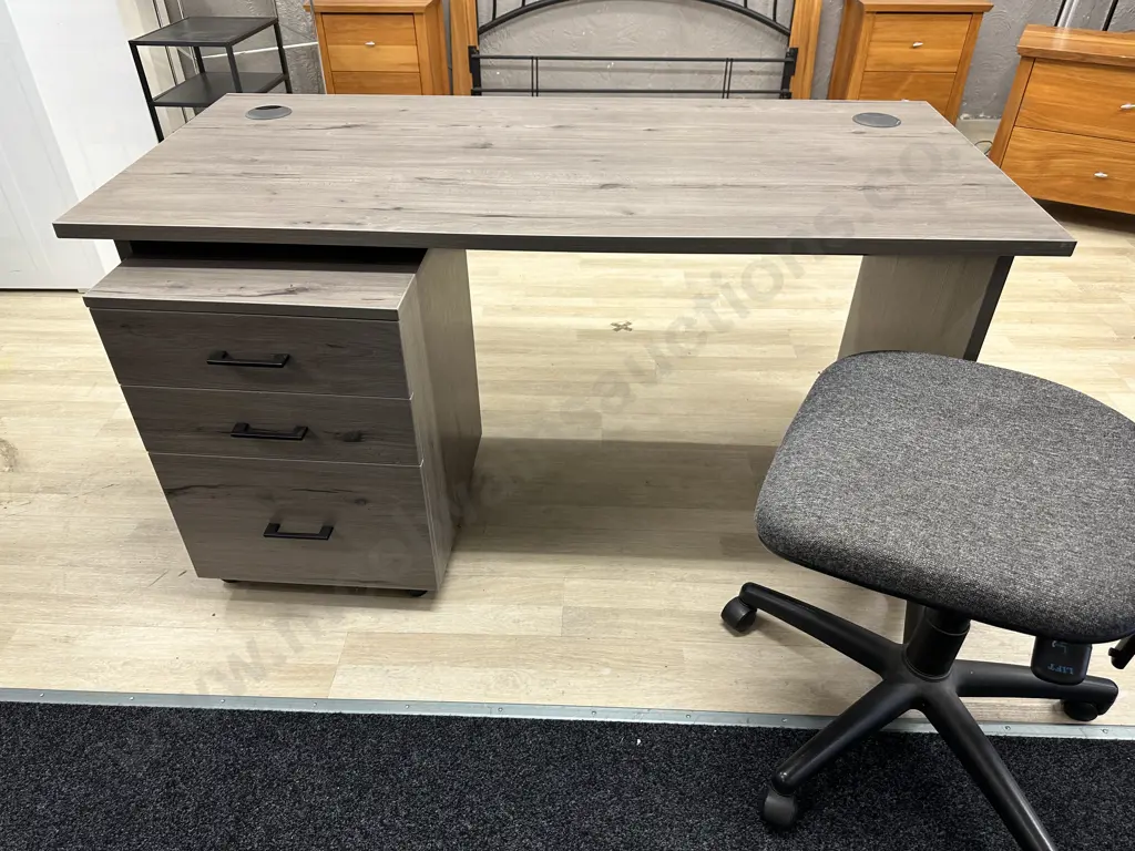 Grey & Black Wood Effect Desk, H73 W150 D70cm, Matching 3 Drawer Mobile Filer & Grey Gaslift Chair Image 1++
