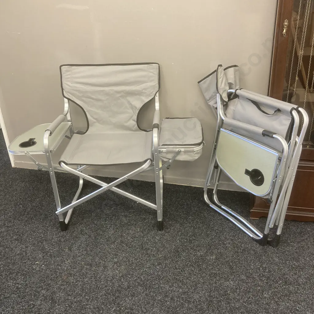 Pair of Large Folding Chairs With Side Table and Cooler, Gray & Black Image 1++