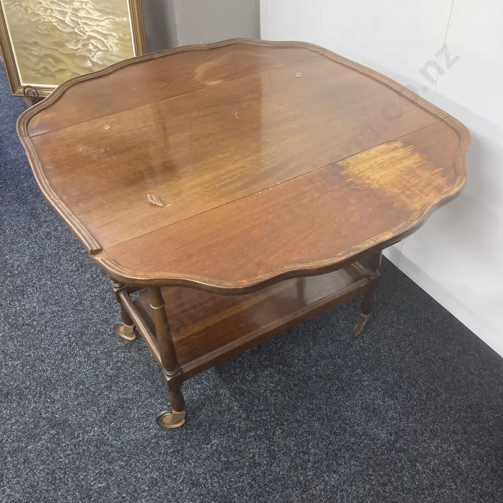 Mahogany Dropleaf Tea Trolley, Single Drawer, Pie Crust Edge, Dark Glass Top Image 1++