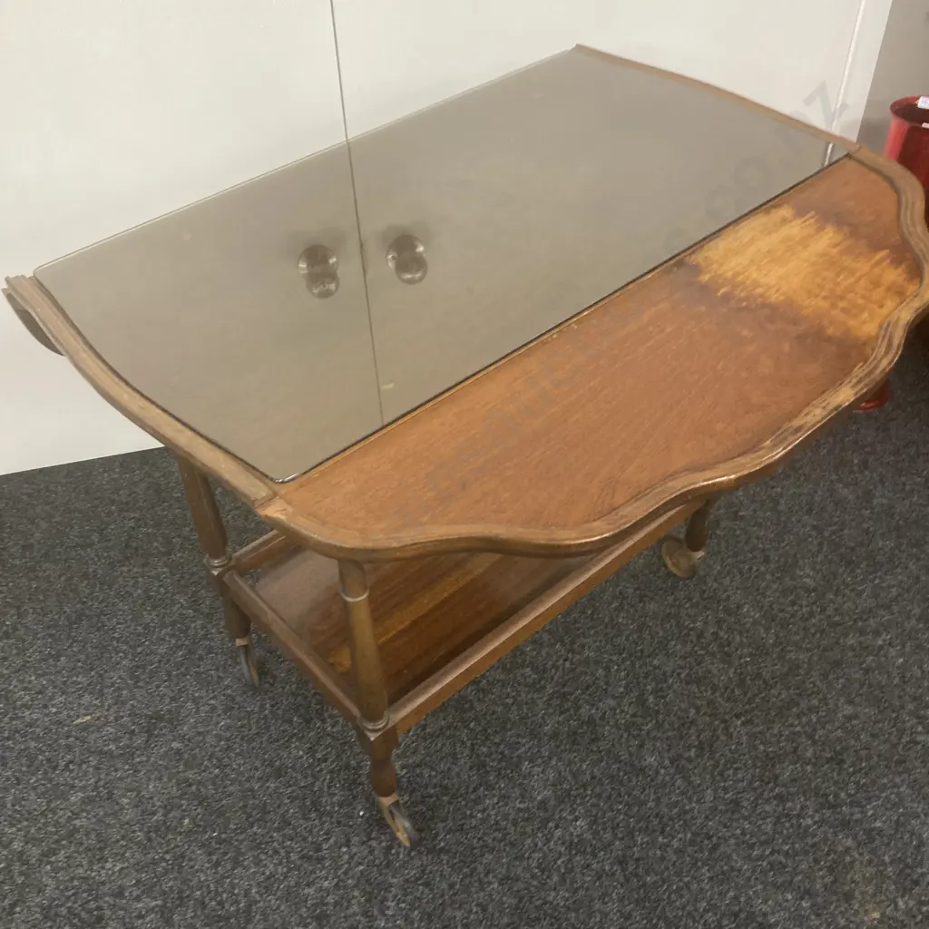 Mahogany Dropleaf Tea Trolley, Single Drawer, Pie Crust Edge, Dark Glass Top Image 1++
