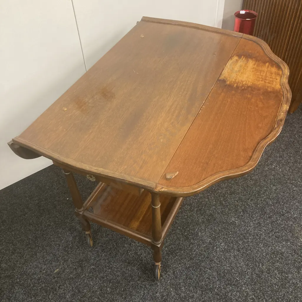 Mahogany Dropleaf Tea Trolley, Single Drawer, Pie Crust Edge, Dark Glass Top Image 1++