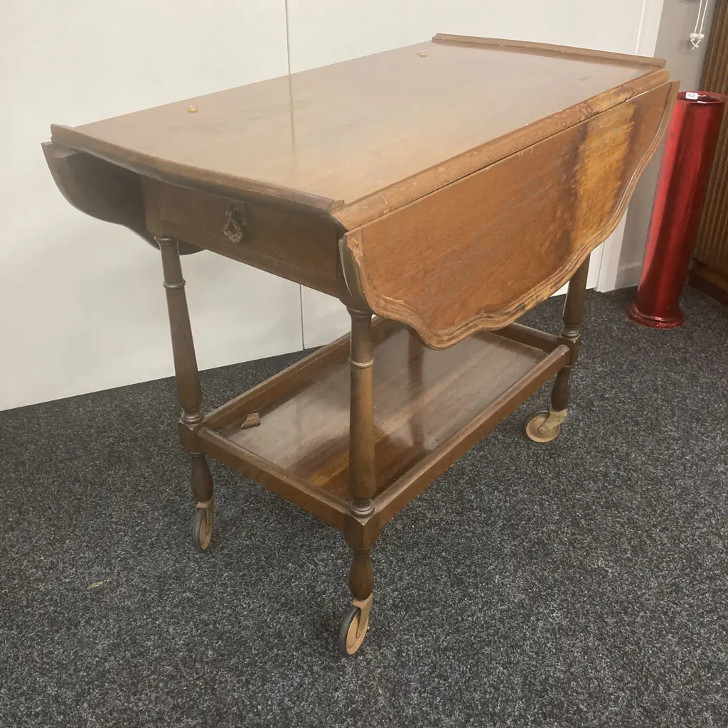 Mahogany Dropleaf Tea Trolley, Single Drawer, Pie Crust Edge, Dark Glass Top Image 1++