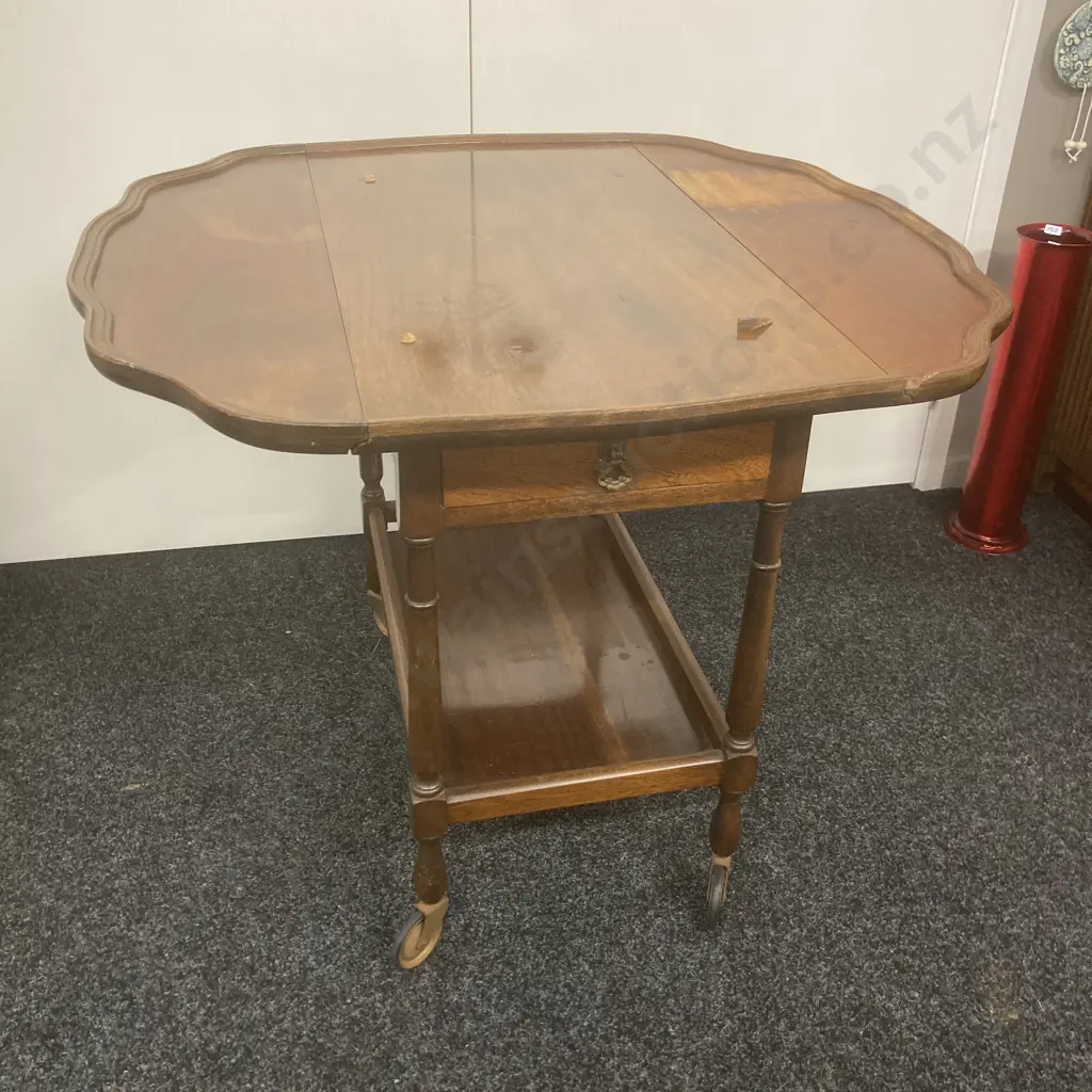 Mahogany Dropleaf Tea Trolley, Single Drawer, Pie Crust Edge, Dark Glass Top Image 1++