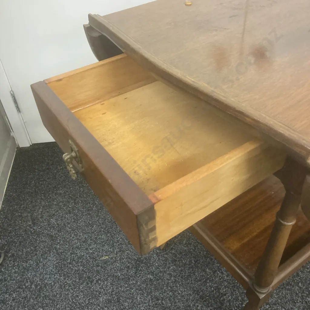 Mahogany Dropleaf Tea Trolley, Single Drawer, Pie Crust Edge, Dark Glass Top Image 1++