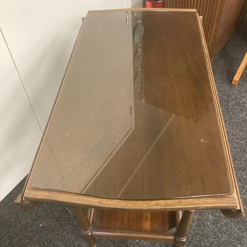 Mahogany Dropleaf Tea Trolley, Single Drawer, Pie Crust Edge, Dark Glass Top Image 1++