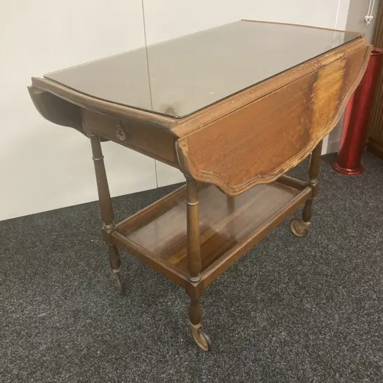 Mahogany Dropleaf Tea Trolley, Single Drawer, Pie Crust Edge, Dark Glass Top