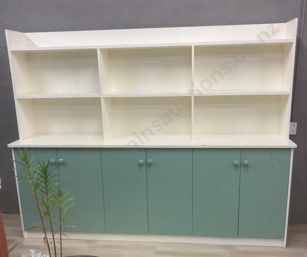 Retro Kitchen Wall Unit, Cream & Green, H189 W243.5 D48.5cm, 6 Door, Knob Handles Image 1++