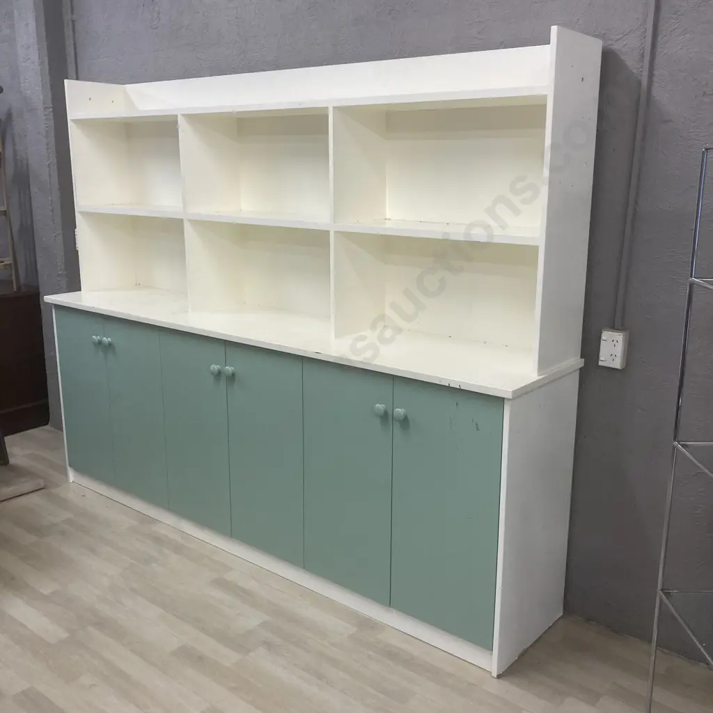 Retro Kitchen Wall Unit, Cream & Green, H189 W243.5 D48.5cm, 6 Door, Knob Handles Image 1++