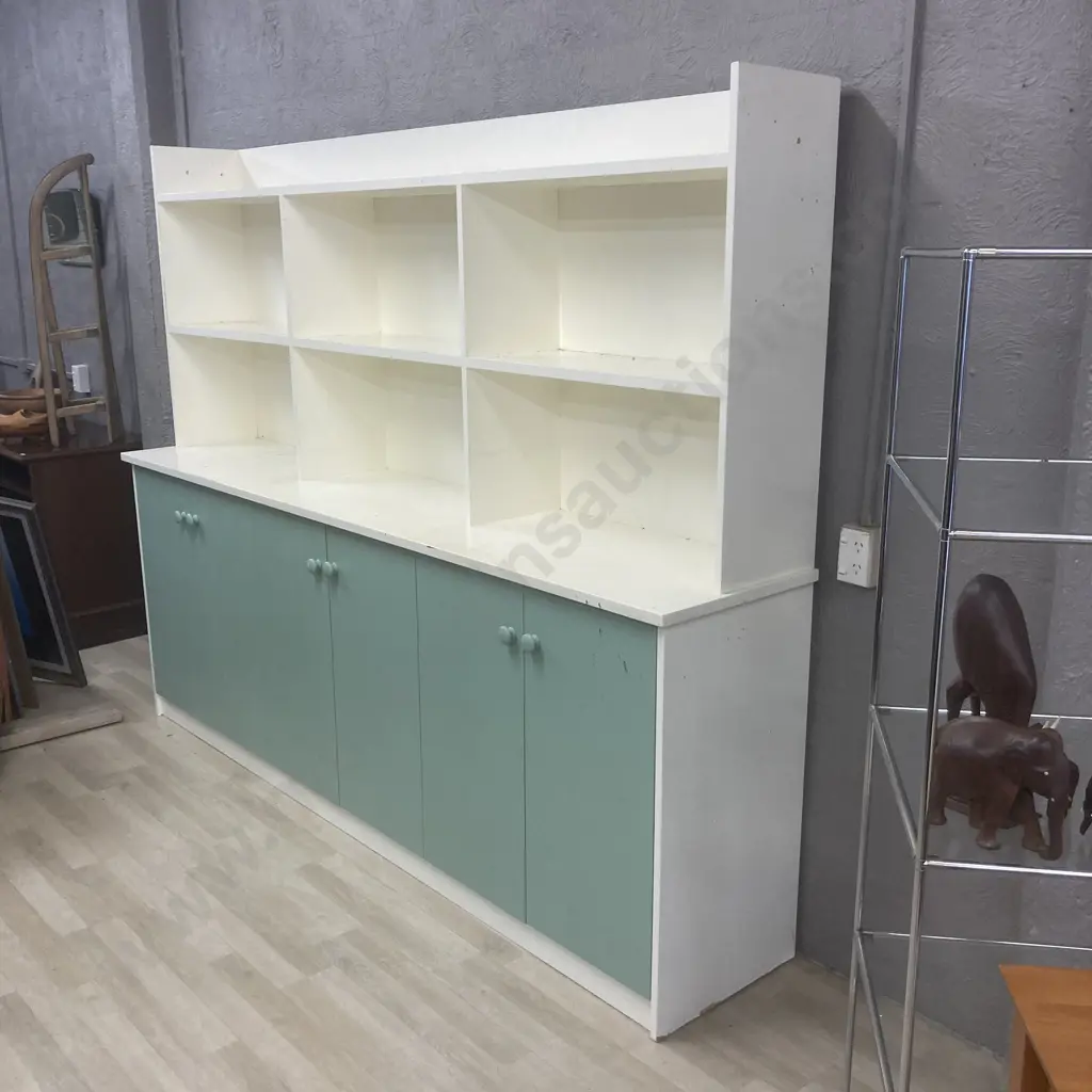 Retro Kitchen Wall Unit, Cream & Green, H189 W243.5 D48.5cm, 6 Door, Knob Handles Image 1++