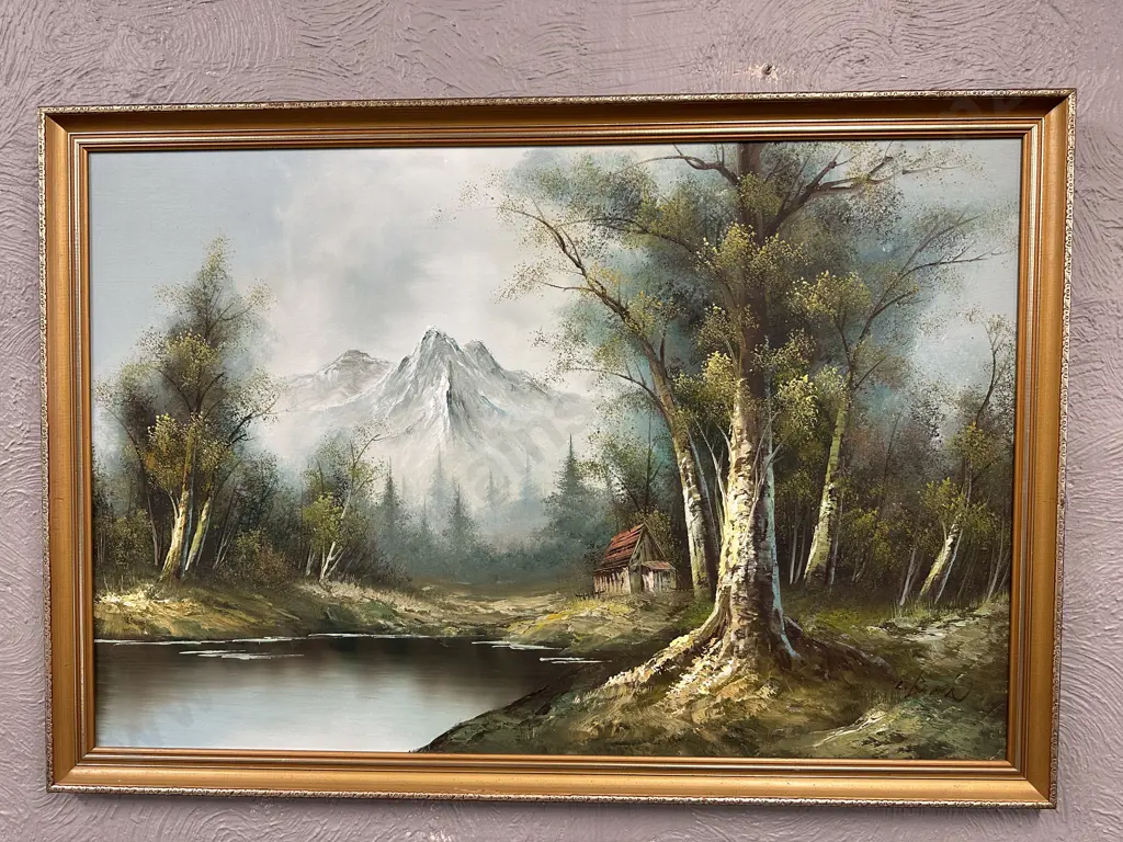 Vintage Gilt Framed Artwork Mountain / Lake Scene, Signed Image 1++