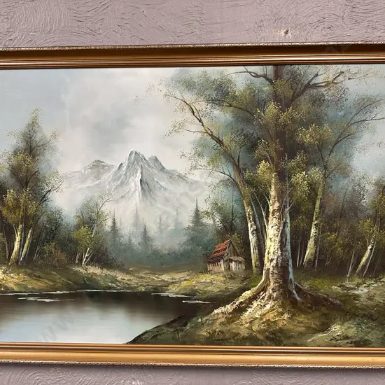 Vintage Gilt Framed Artwork Mountain / Lake Scene, Signed