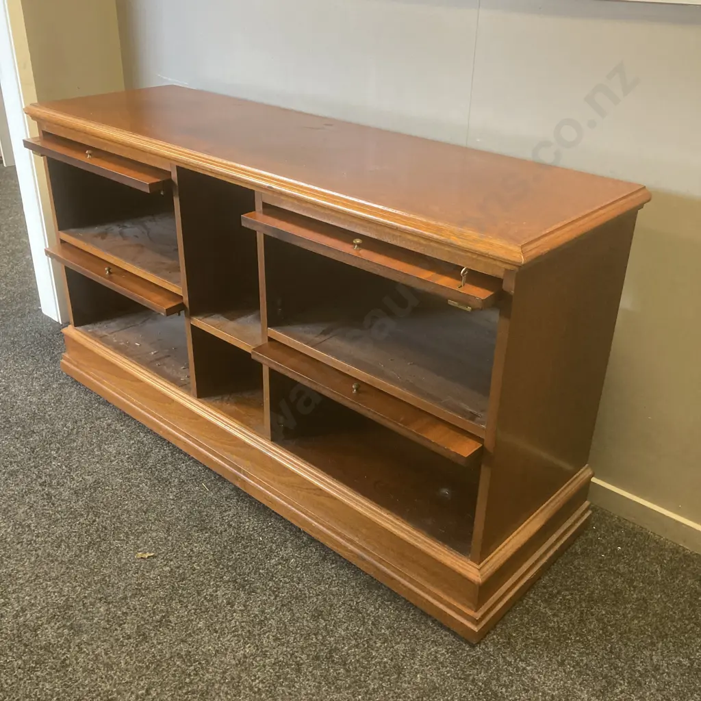 Mahogany Unit, 6 Pigeon Hole, 4 With Lift Up & Pushback Fronts, 2 x Lockable, H73 W134 D42cm Image 1++