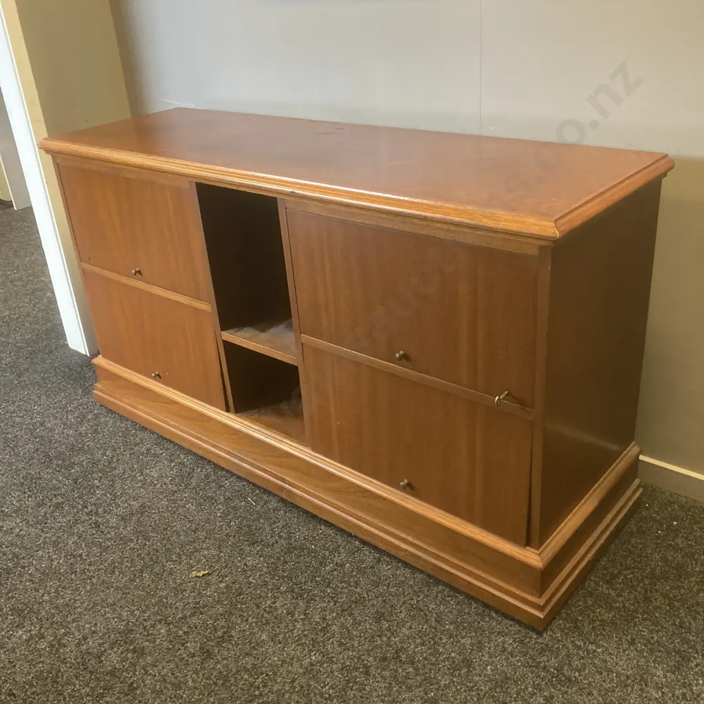 Mahogany Unit, 6 Pigeon Hole, 4 With Lift Up & Pushback Fronts, 2 x Lockable, H73 W134 D42cm Image 1++