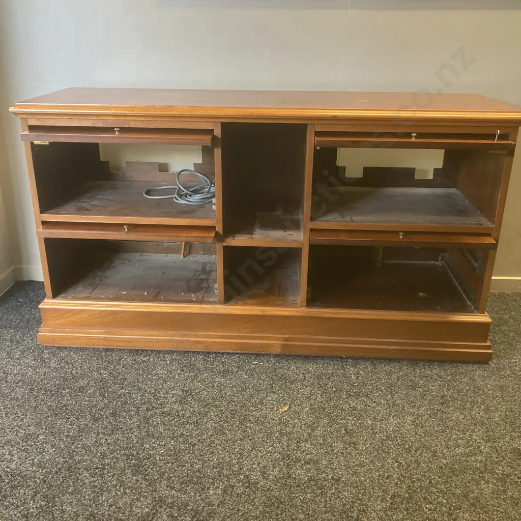 Mahogany Unit, 6 Pigeon Hole, 4 With Lift Up & Pushback Fronts, 2 x Lockable, H73 W134 D42cm Image 1++