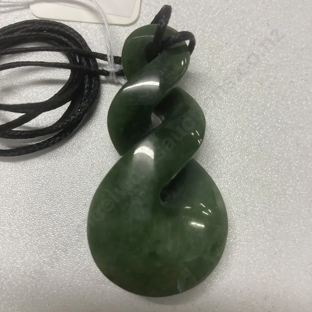 Greenstone Double Twist Pendant, 5.5cm, Plaited Black Cord Image 1++