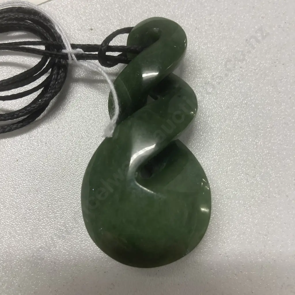 Greenstone Double Twist Pendant, 5.5cm, Plaited Black Cord Image 1++