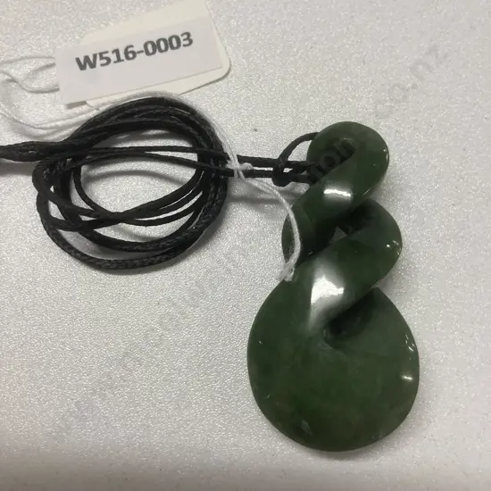 Greenstone Double Twist Pendant, 5.5cm, Plaited Black Cord