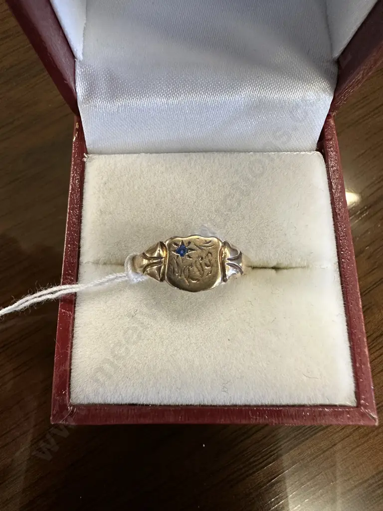 9 Ct Gold Signet Ring With Blue Gem Stone Engraved Image 1++