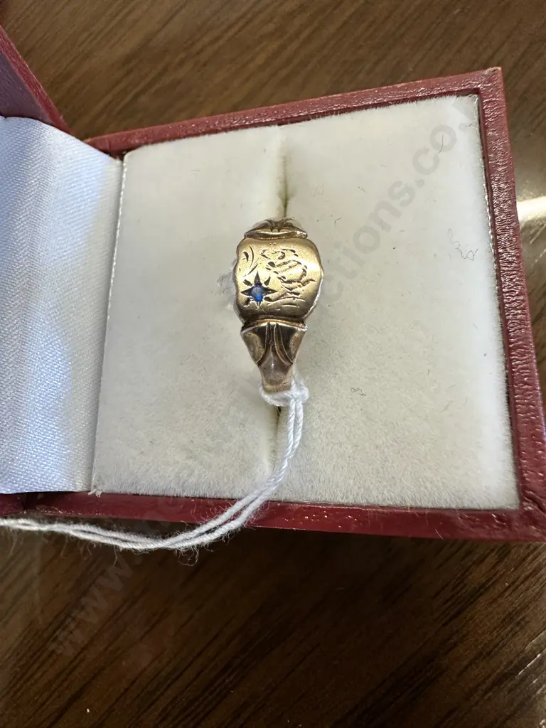 9 Ct Gold Signet Ring With Blue Gem Stone Engraved Image 1++