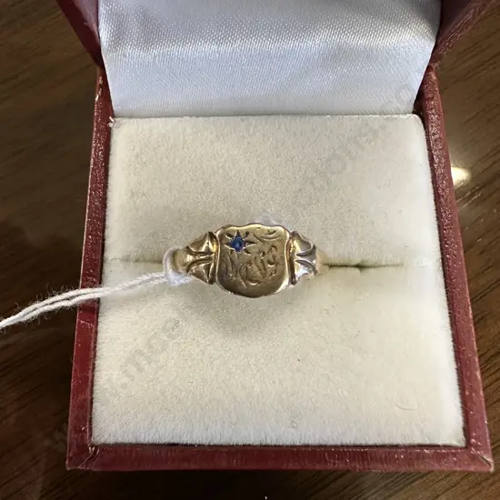 9 Ct Gold Signet Ring With Blue Gem Stone Engraved