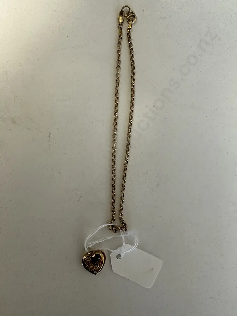 375 Gold Heart Shaped Locket Pendant With Small Stamped Gold Chain Image 1++