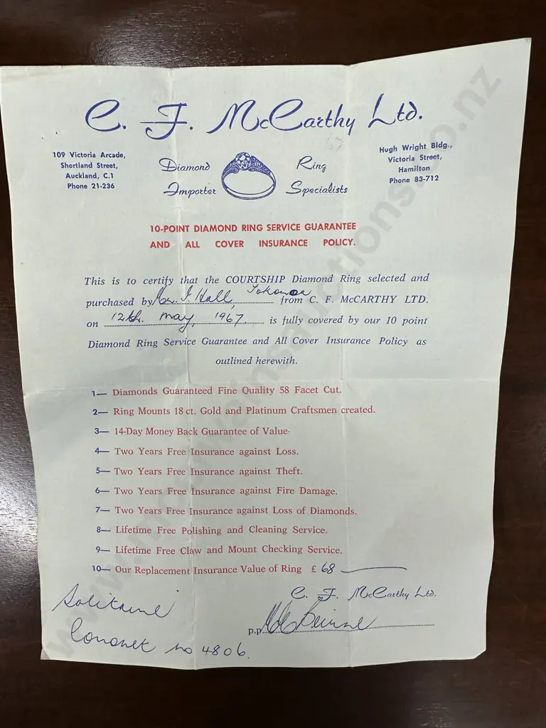 Vintage Solitaire Courtship Diamond Ring Stamped 9ct & CJ McCarthy Ltd Paperwork Dated 12th May 1967 Image 1++