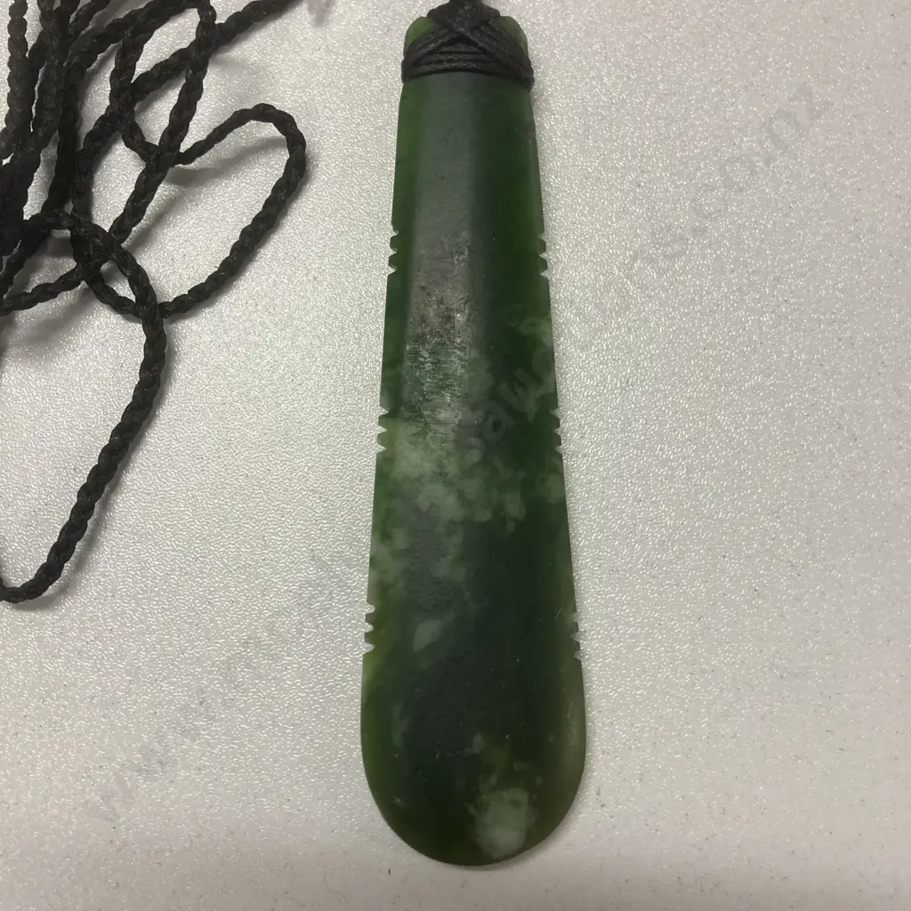 Large Greenstone Bound Teardrop With Notch Detail & Rounded Base, 9.5cm, Plaited Black Cord Image 1++